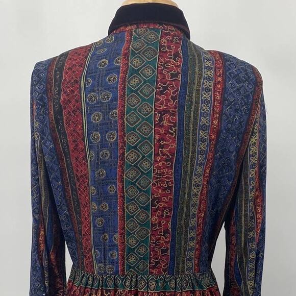 Vintage 70s Shirt Dress Midi Geometric Print Velvet Collar Fit & Flare Womens 10 - Picture 6 of 8